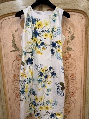 Hobbs London Sleeveless White Midi Dress with Yellow & Blue Floral Print
